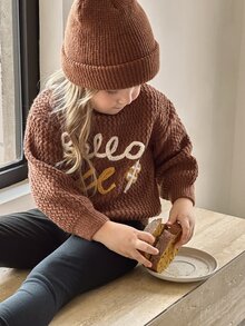 SHEIN 女童手工刺繡編織花朵可愛軟綿保暖休閒百搭套頭毛衣，適合秋季日常穿著 - 棕色 - 查看 5