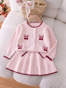 SHEIN 春秋女嬰甜美針織兩件套，櫻桃刺繡圓領開襟毛衣與百褶裙 - 淺粉色 - 查看 8