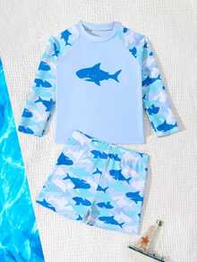 SHEIN 小男孩卡通鯊魚印花泳衣套裝，適合海灘生日游泳，嬰兒藍夏季牛仔風嬰兒 - 彩色 - 查看 7