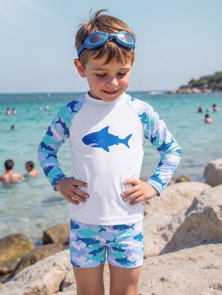 SHEIN Young Boy Cartoon Shark Print Swimsuit Set, Suitable For Beach Birthday Swimming Baby Blue Summer Cowboy Baby - Multicolor - View 3