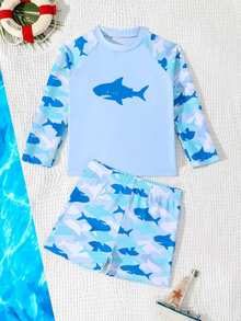 SHEIN 小男孩卡通鯊魚印花泳衣套裝，適合海灘生日游泳，嬰兒藍夏季牛仔風嬰兒 - 彩色 - 查看 5