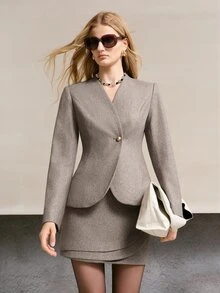 MOTF PREMIUM WOMEN'S SOLID COLOR SINGLE BUTTON CASUAL VERSATILE COMMUTE TRAVEL BLAZER - Brown - View 5