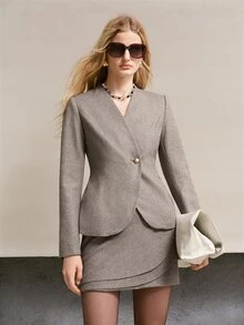 MOTF PREMIUM WOMEN'S SOLID COLOR SINGLE BUTTON CASUAL VERSATILE COMMUTE TRAVEL BLAZER - Brown - View 2