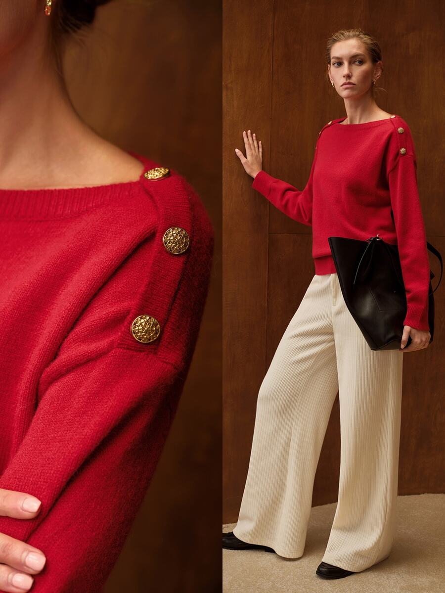 MOTF PREMIUM WOMEN'S ROUND NECK BUTTON DECOR LAZY KNIT SWEATER - Red - View 1