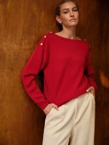 MOTF PREMIUM WOMEN'S ROUND NECK BUTTON DECOR LAZY KNIT SWEATER - Red - View 2