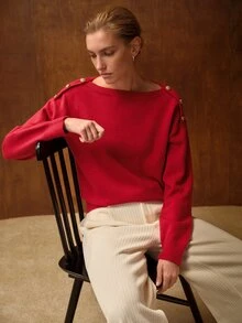 MOTF PREMIUM WOMEN'S ROUND NECK BUTTON DECOR LAZY KNIT SWEATER - Red - View 6