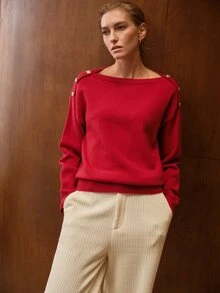 MOTF PREMIUM WOMEN'S ROUND NECK BUTTON DECOR LAZY KNIT SWEATER - Red - View 5