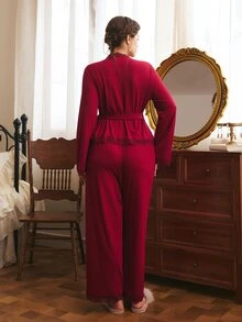 Côtesoire Elegant Romantic Lace Patchwork Open Front Tie-Up Jacquard Ribbed Knit Burgundy Plus Size Women's Top And Pants Pajama Set - Burgundy - View 4
