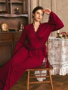 Côtesoire Elegant Romantic Lace Patchwork Open Front Tie-Up Jacquard Ribbed Knit Burgundy Plus Size Women's Top And Pants Pajama Set - Burgundy - View 6