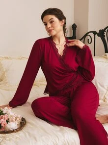 Côtesoire Elegant Romantic Lace Patchwork Open Front Tie-Up Jacquard Ribbed Knit Burgundy Plus Size Women's Top And Pants Pajama Set - Burgundy - View 1