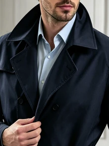 Core Aspect Men's Double-Breasted Dark Blue Fall Elegant Casual And Stylish Dinner Office Formal Trench Coat, Loose Solid Color Lapel Mid-Length Jacket - Navy Blue - View 4
