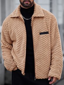 Manfinity CasualCool 男士長袖拉鍊休閒抓絨外套 - 棕色 - 查看 5