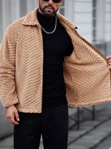 Manfinity CasualCool 男士長袖拉鍊休閒抓絨外套 - 棕色 - 查看 3