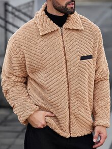 Manfinity CasualCool 男士長袖拉鍊休閒抓絨外套 - 棕色 - 查看 4
