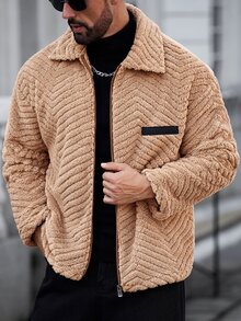 Manfinity CasualCool 男士長袖拉鍊休閒抓絨外套 - 棕色 - 查看 6
