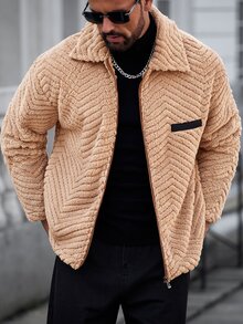 Manfinity CasualCool 男士長袖拉鍊休閒抓絨外套 - 棕色 - 查看 1