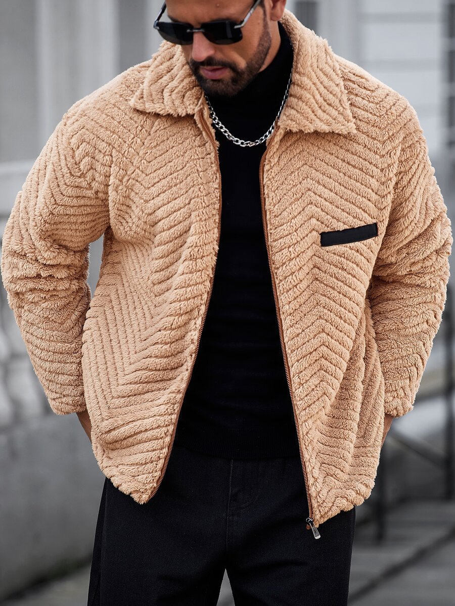 Manfinity CasualCool 男士長袖拉鍊休閒抓絨外套 - 棕色 - 查看 1