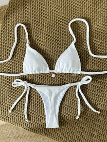 SHEIN Swim Women's Jacquard Fabric Halter Metallic Decor Sexy Bikini Set, Summer - White - View 1