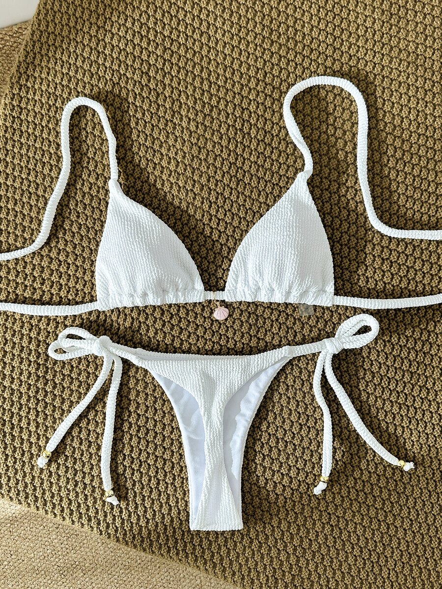 SHEIN Swim Women's Jacquard Fabric Halter Metallic Decor Sexy Bikini Set, Summer - White - View 1
