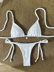 SHEIN Swim Women's Jacquard Fabric Halter Metallic Decor Sexy Bikini Set, Summer - White - View 4