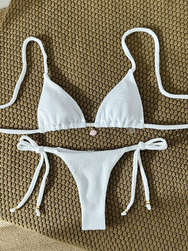 SHEIN Swim Women's Jacquard Fabric Halter Metallic Decor Sexy Bikini Set, Summer - White - View 4