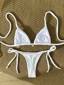 SHEIN Swim Women's Jacquard Fabric Halter Metallic Decor Sexy Bikini Set, Summer - White - View 2