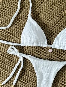 SHEIN Swim Women's Jacquard Fabric Halter Metallic Decor Sexy Bikini Set, Summer - White - View 5