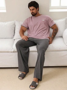 DAZY Summer Solid Color Label T-Shirt & Men's Loungewear Set - Dusty Purple - View 3