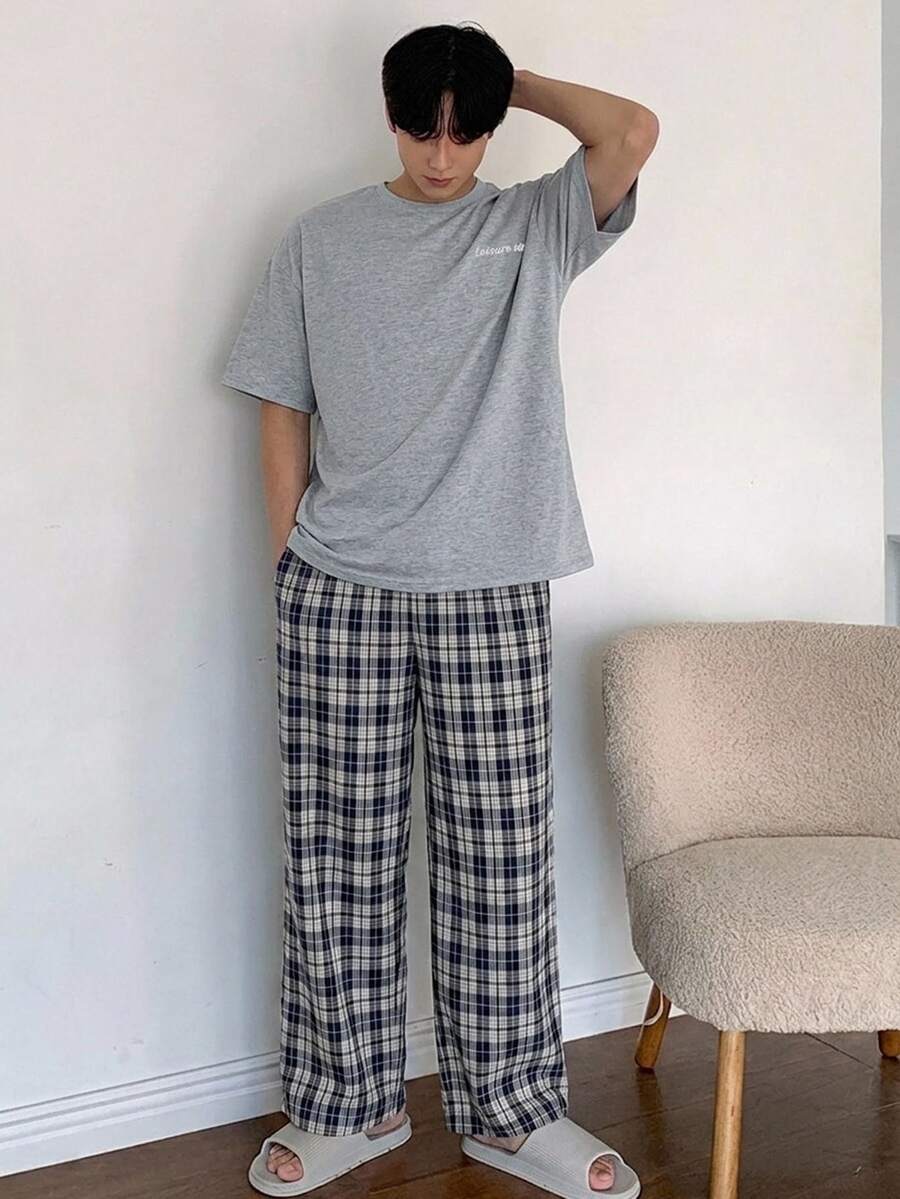 DAZY Men's Summer Silver Gray Short Sleeve T-Shirt And Plaid Long Pants Loungewear Set - Grey - View 1