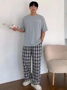 DAZY Men's Summer Silver Gray Short Sleeve T-Shirt And Plaid Long Pants Loungewear Set - Grey - View 5