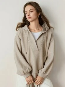 Dazy-Less 女款純色落肩長袖休閒極簡抽繩連帽衛衣 米色 秋冬日常旅行連帽衫 - 卡其色 - 查看 5