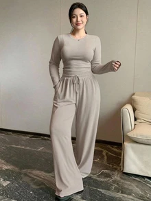 REIGN AVE Autumn Solid Color Minimalist Casual Outwear & Home Base Layer Top + Straight Leg Casual Pants 2 Pieces Set - Camel - View 4