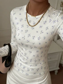 DAZY 女款保暖內裡修身T恤，米白色花卉條紋，冬季浪漫法式鄉村風復古70年代，適合早午餐約會、秋季假期 - 米色 - 查看 2
