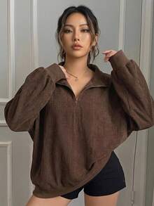Livesso Curve Plus Size Women's Loose Leopard Print Half-Zip Pullover Sweatshirt, Streetwear Style Fall - Brown - View 7