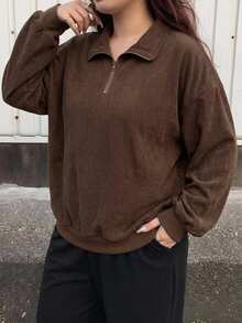 Livesso Curve Plus Size Women's Loose Leopard Print Half-Zip Pullover Sweatshirt, Streetwear Style Fall - Brown - View 8