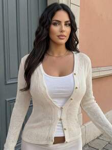 Livesso Solid Color Fitted Waist Long Sleeve V-Neck Casual Vacation Knit Cardigan - Apricot - View 6