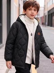 SHEIN 兒童青少年男孩秋冬連帽保暖內裡加厚黑色絎縫外套，冬季外套，派克大衣，填充外套，絎縫外套 - 黑色 - 查看 2