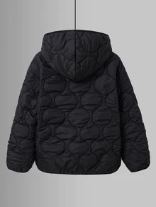 SHEIN 兒童青少年男孩秋冬連帽保暖內裡加厚黑色絎縫外套，冬季外套，派克大衣，填充外套，絎縫外套 - 黑色 - 查看 4