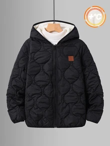 SHEIN 兒童青少年男孩秋冬連帽保暖內裡加厚黑色絎縫外套，冬季外套，派克大衣，填充外套，絎縫外套 - 黑色 - 查看 3
