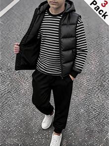 SHEIN 3件組兒童青少年男孩休閒學院風條紋圓領套頭寬鬆針織抓絨衛衣，針織長褲搭配加厚外套，冬季外套，派克大衣，厚款無袖梭織背心，適合秋冬 - 黑色 - 查看 7