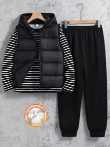 SHEIN 3件組兒童青少年男孩休閒學院風條紋圓領套頭寬鬆針織抓絨衛衣，針織長褲搭配加厚外套，冬季外套，派克大衣，厚款無袖梭織背心，適合秋冬 - 黑色 - 查看 2