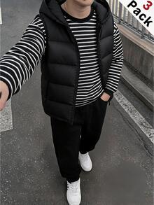 SHEIN 3件組兒童青少年男孩休閒學院風條紋圓領套頭寬鬆針織抓絨衛衣，針織長褲搭配加厚外套，冬季外套，派克大衣，厚款無袖梭織背心，適合秋冬 - 黑色 - 查看 5