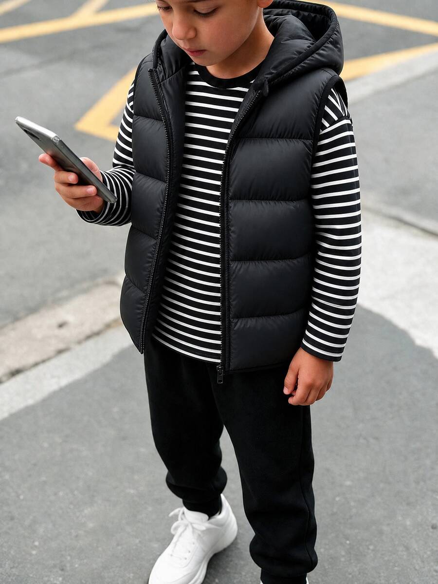SHEIN 3件組兒童青少年男孩休閒學院風條紋圓領套頭寬鬆針織抓絨衛衣,針織長褲搭配加厚外套,冬季外套,派克大衣,厚款無袖梭織背心,適合秋冬 - 黑色 - 查看 1