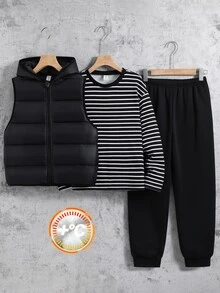 SHEIN 3件組兒童青少年男孩休閒學院風條紋圓領套頭寬鬆針織抓絨衛衣，針織長褲搭配加厚外套，冬季外套，派克大衣，厚款無袖梭織背心，適合秋冬 - 黑色 - 查看 4