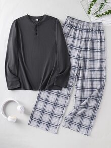 SHEIN 青少年男孩休閒長袖T恤與灰色格紋秋季長褲2件式睡衣套裝，適合四季穿著，聖誕節、萬聖節、上學適用 - 灰色 - 查看 8