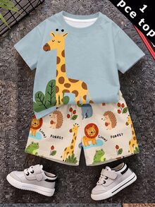 Young Boy Short Sleeve T-Shirt, Casual Minimalist Style Suitable For Summer, Classic Cute Cartoon Hand-Drawn Giraffe Pattern Print, Suitable For Autumn/Winter - Multicolor - View 2