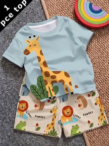 Young Boy Short Sleeve T-Shirt, Casual Minimalist Style Suitable For Summer, Classic Cute Cartoon Hand-Drawn Giraffe Pattern Print, Suitable For Autumn/Winter - Multicolor - View 1