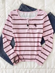 SHEIN Kids Girls Casual Pink & Brown Striped Logo Print Half-Button U-Neck Slim Fit Long Sleeve Versatile T-Shirt, Preppy Style Back To School - Pink - View 9