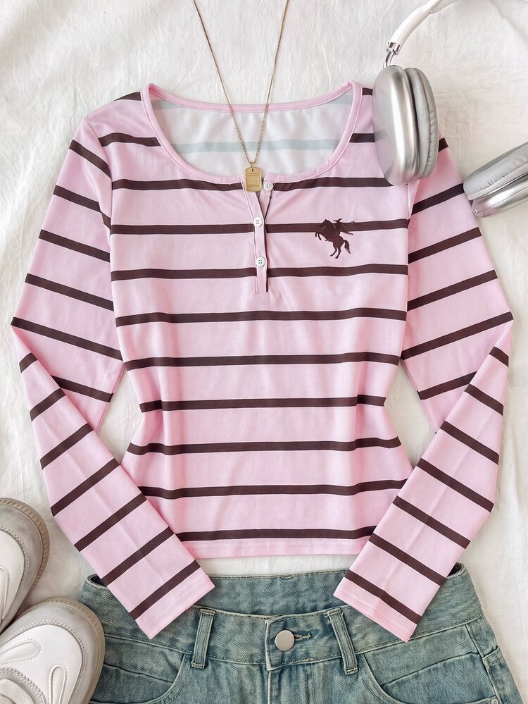 SHEIN Kids Girls Casual Pink & Brown Striped Logo Print Half-Button U-Neck Slim Fit Long Sleeve Versatile T-Shirt, Preppy Style Back To School - Pink - View 5