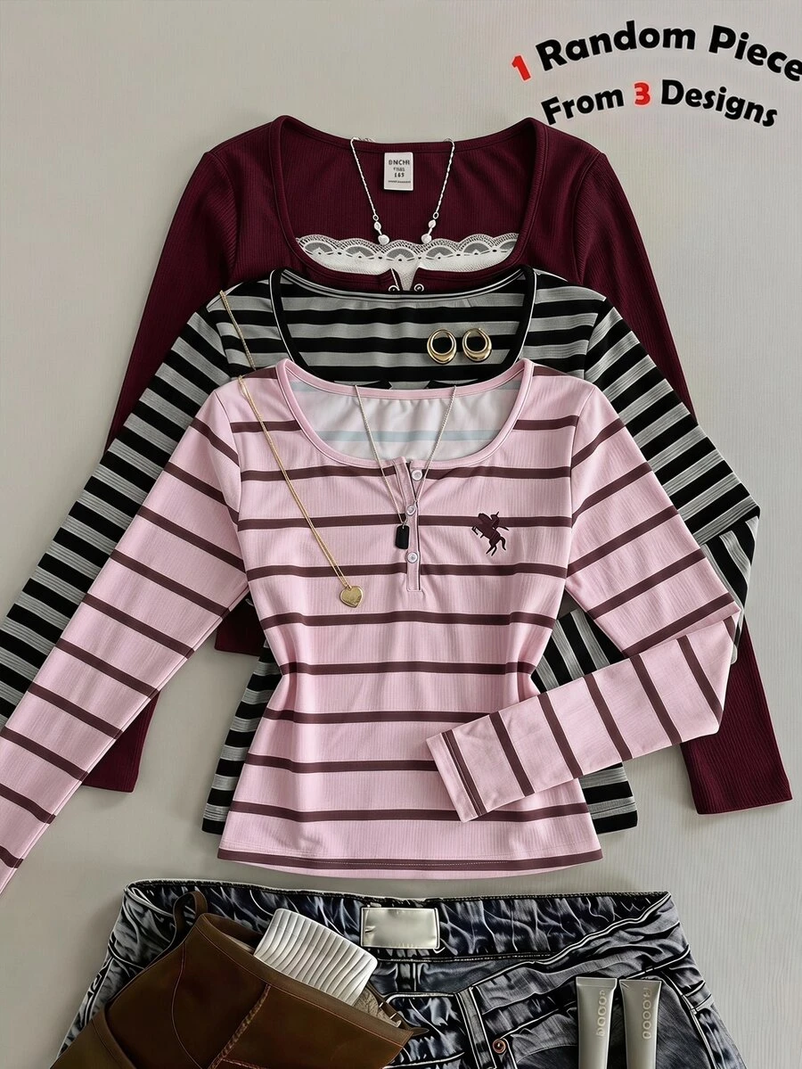 SHEIN Kids Girls Casual Pink & Brown Striped Logo Print Half-Button U-Neck Slim Fit Long Sleeve Versatile T-Shirt, Preppy Style Back To School - Pink - View 1